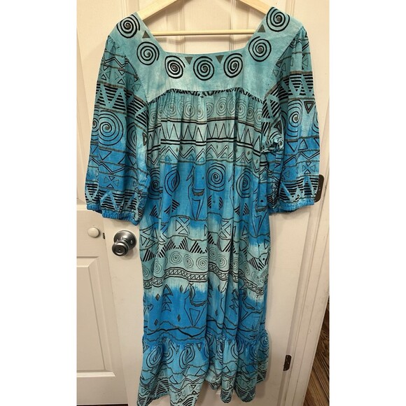 Vintage 60s 70s Ramona Rull‎ 100% Cotton Western Teal Boho Maxi Dress Kaftan 1X - Picture 6 of 11